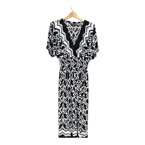 Calessa Womens Size XL Black White Demask Maxi Dress Elastic Waist Dolman Sleeve - Picture 1 of 6